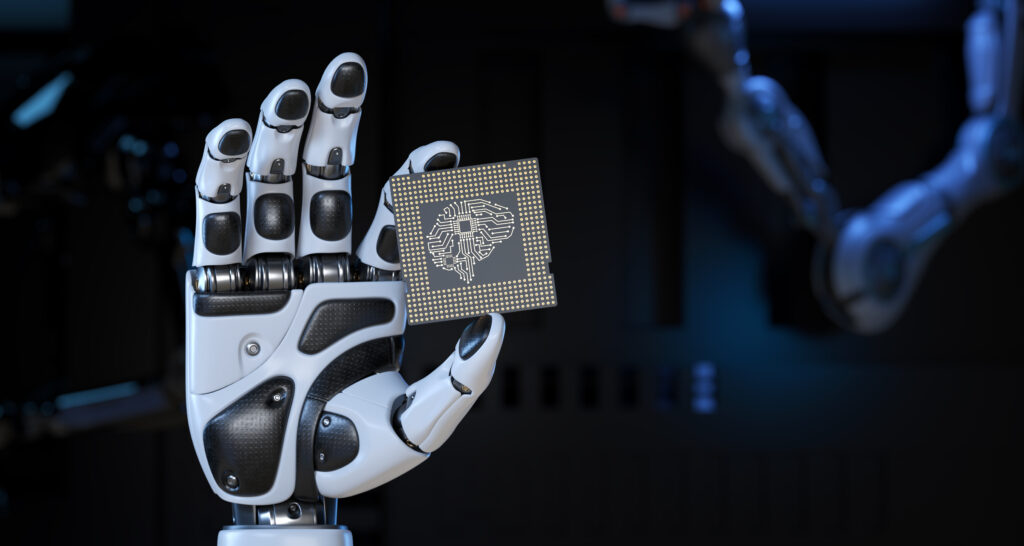Roboterhand hält Mikrochip in der Hand als Zeichen für 