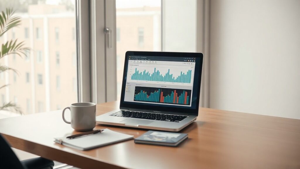 Ein moderner Schreibtisch mit Laptop symbolisiert die Startup-Gründung rund um die KI-Lösung Velvet AI – Symbolbild, KI-erzeugt