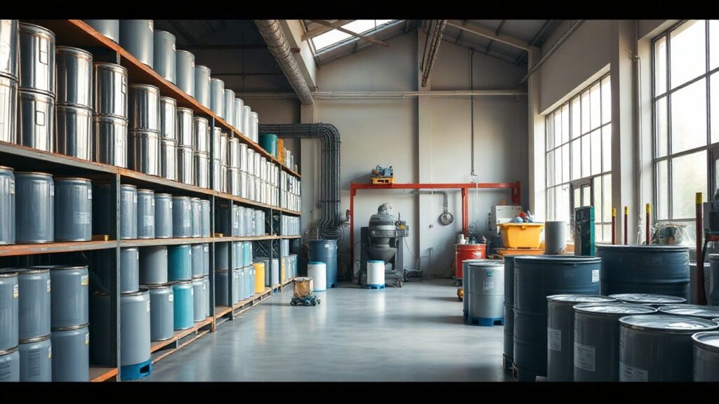 A tidy industrial paint warehouse interior with stacked metal paint cans in muted colors on shelves, a paint mixing machine in the background, soft daylight coming through a large – Symbolbild, KI-erzeugt
