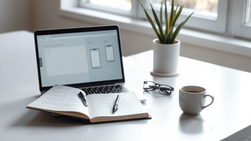 Ein Schreibtisch mit Laptop und Wireframe-Skizzen symbolisiert die Arbeit am Jugendmedienschutz – Symbolbild, KI-erzeugt