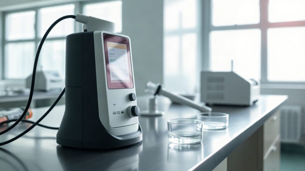 A modern pulmonology research laboratory, close-up of a spirometry device and glass petri dishes on a stainless steel bench, soft daylight through a window, no visible people, shal – Symbolbild, KI-erzeugt