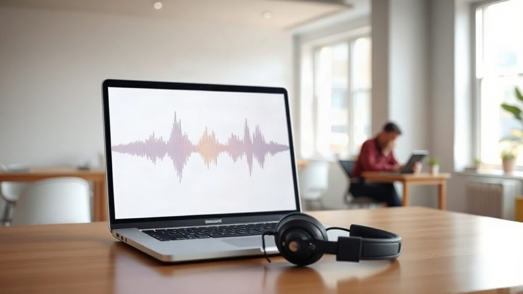 Ein Schreibtisch mit Headset und Laptop mit Schallwellen-Visualisierung symbolisiert die Technologie des Sona8-Startups für automatisierte Mitarbeitergespräche – Symbolbild, KI-erzeugt