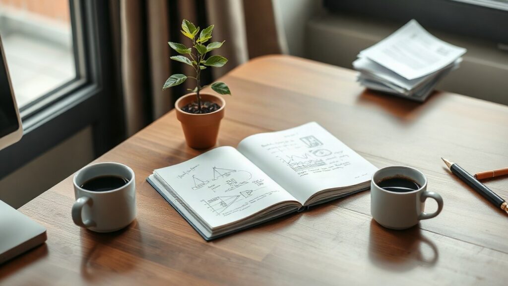 A tidy wooden office desk with a notebook open to handwritten business sketches, a cup of coffee, and a small potted apple tree sapling in a terracotta pot on the desk, soft mornin – Symbolbild, KI-erzeugt