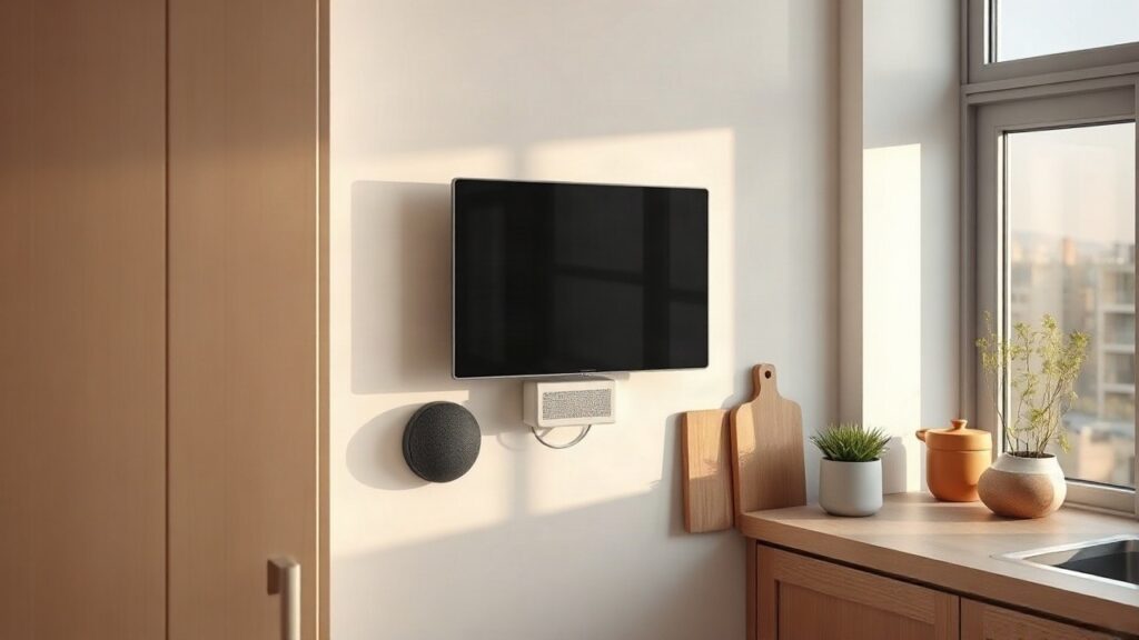 Ein modernes Smart-Home-Display wie das Apple HomeView hängt an einer hellen Küchenwand – Symbolbild, KI-erzeugt