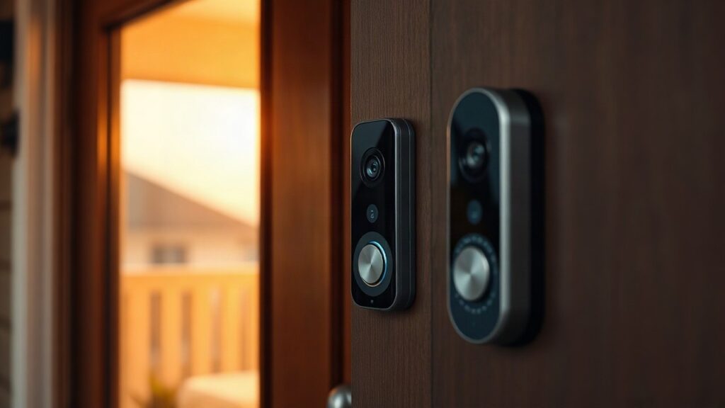 A modern smart home entrance at dusk, close-up of a sleek video doorbell and a smart lock mounted on a wooden front door, soft warm porch light, no visible people, no logos or text – Symbolbild, KI-erzeugt