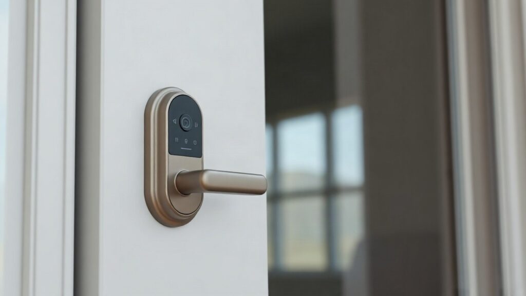 A modern minimalist front door with a sleek smart lock and a small video doorbell mounted beside it, close-up, soft daylight, no people visible, clean architectural background – Symbolbild, KI-erzeugt