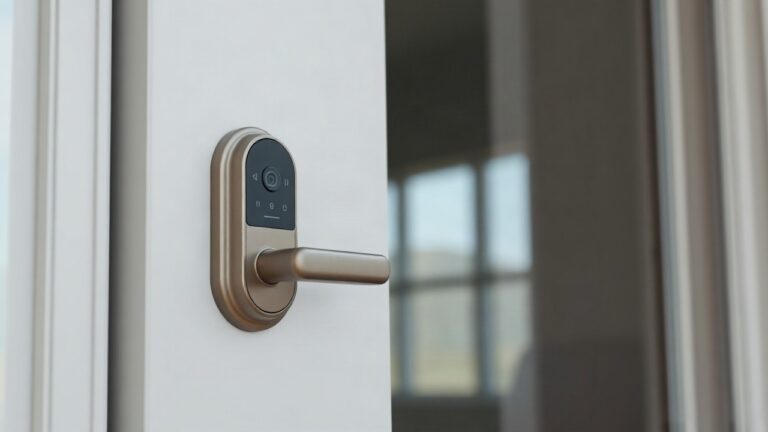 A modern minimalist front door with a sleek smart lock and a small video doorbell mounted beside it, close-up, soft daylight, no people visible, clean architectural background – Symbolbild, KI-erzeugt