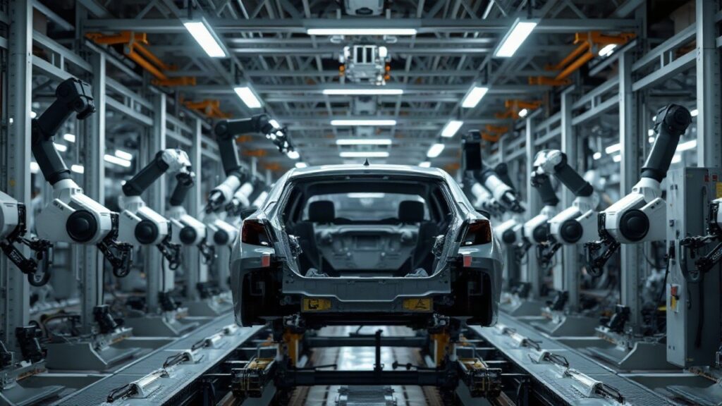 Industrielle Fertigungsstraße eines Automobilkonzerns symbolisiert den Sparkurs nach dem VW Verlust im dritten Quartal – Symbolbild, KI-erzeugt