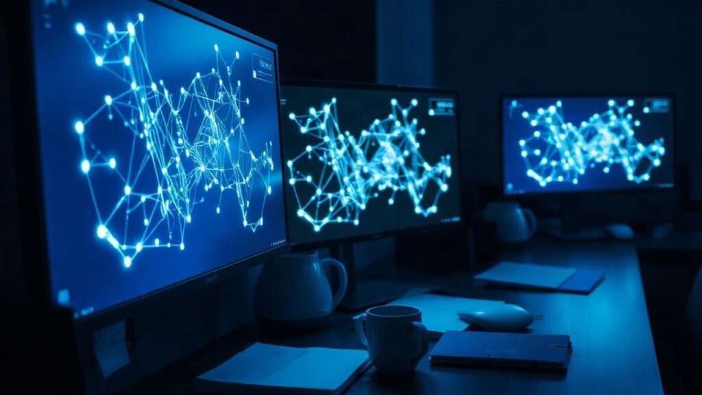 A dim research workstation at night with multiple monitors showing abstract blockchain transaction network graphs made of glowing nodes and connecting lines, close-up, no visible f – Symbolbild, KI-erzeugt