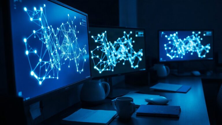 A dim research workstation at night with multiple monitors showing abstract blockchain transaction network graphs made of glowing nodes and connecting lines, close-up, no visible f – Symbolbild, KI-erzeugt