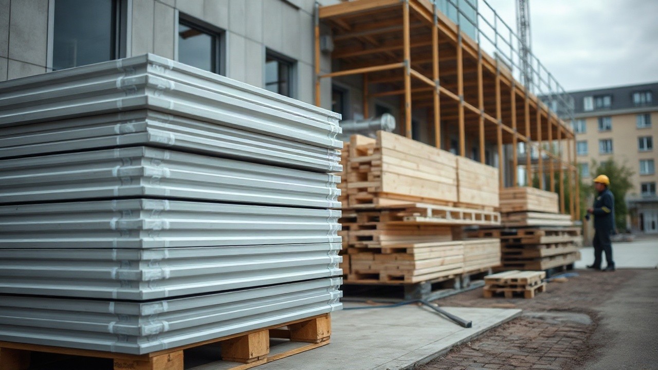 Gestapelte Aluminiumfassadenteile und Holzbauelemente auf einer Baustelle, Symbolbild für den BOKU Forschungsbau am Campus Türkenschanze – Symbolbild, KI-erzeugt