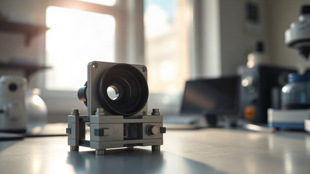 A modular laboratory prototype insert with a small lens and dark coated layer, placed on a workbench with sunlight streaming through a window, close-up, no people visible, soft mor – Symbolbild, KI-erzeugt