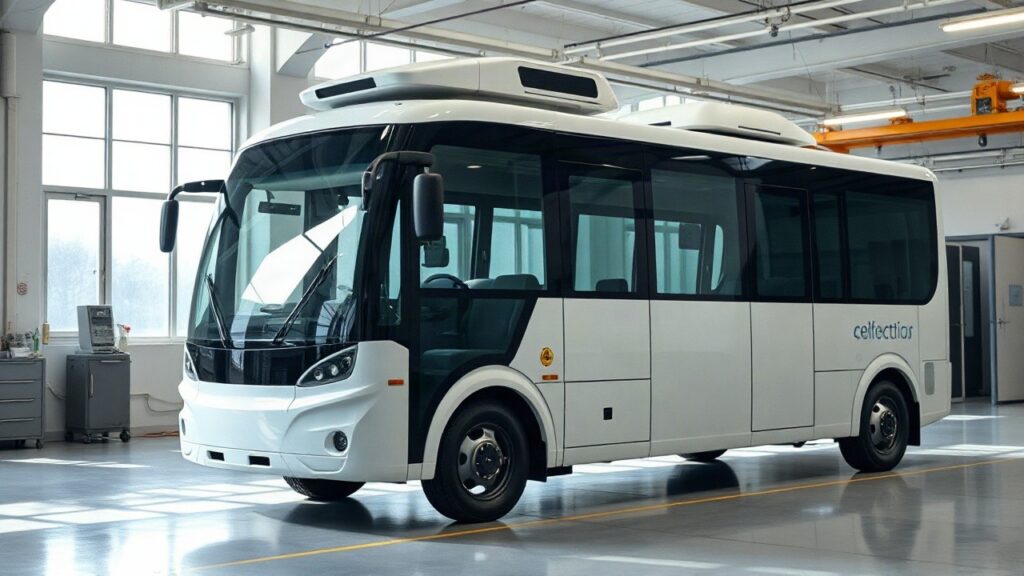 Ein autonomer Bus mit Sensoren auf dem Dach steht in einer Forschungswerkstatt der TU Graz bereit – Symbolbild, KI-erzeugt