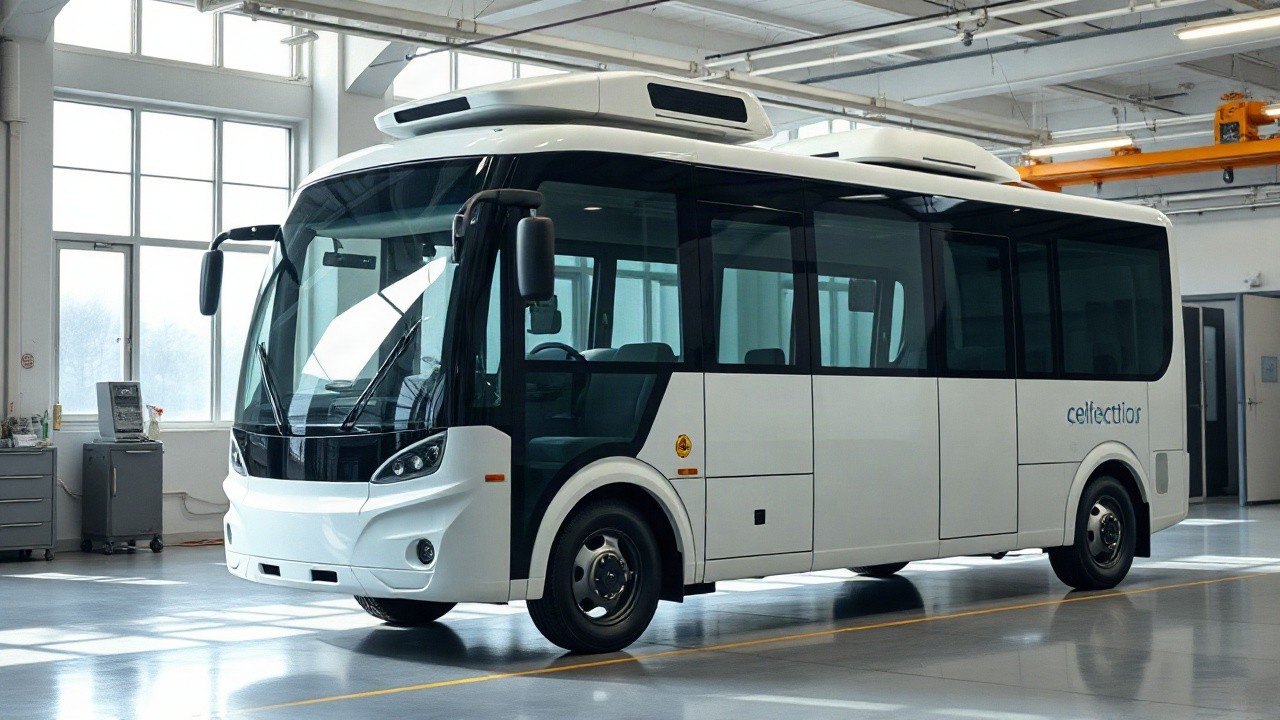 Ein autonomer Bus mit Sensoren auf dem Dach steht in einer Forschungswerkstatt der TU Graz bereit – Symbolbild, KI-erzeugt