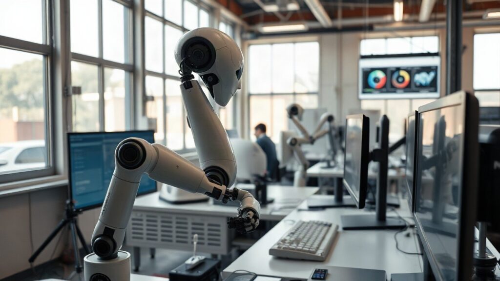 Trainingszelle für den humanoiden Roboter 4NE1 Gen 4 in einem modernen Robotiklabor mit Sensoren und Bildschirmen – Symbolbild, KI-erzeugt