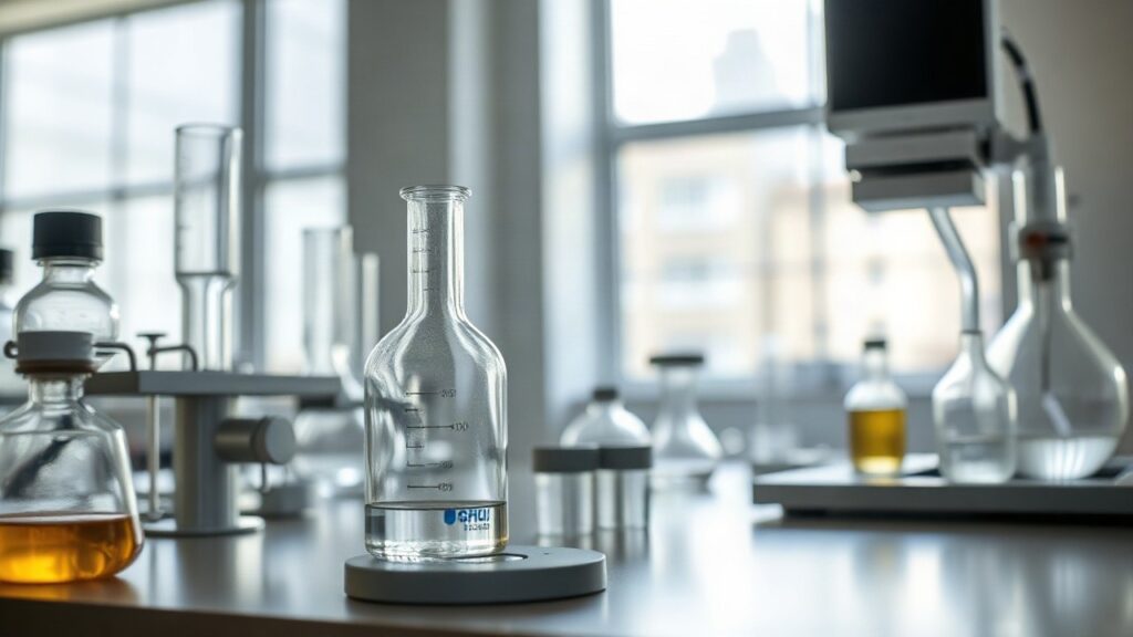 Laborarbeitsplatz mit Glaskolben und Apparaturen symbolisiert die Forschungsarbeiten für den DECHEMA-Preis 2026 – Symbolbild, KI-erzeugt