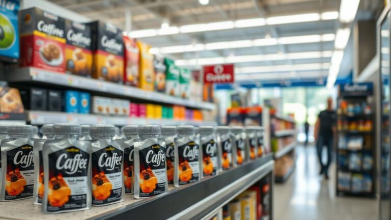 A close-up of small flavored caffeine pouch tins arranged on a bright retail shelf display in an electronics store, soft daylight, no people, no text visible on packaging, shallow – Symbolbild, KI-erzeugt