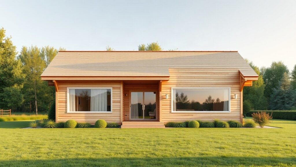 Modernes Holzhaus im Grünen steht sinnbildlich für die neue ELK Kampagne rund um das eigene Zuhause – Symbolbild, KI-erzeugt