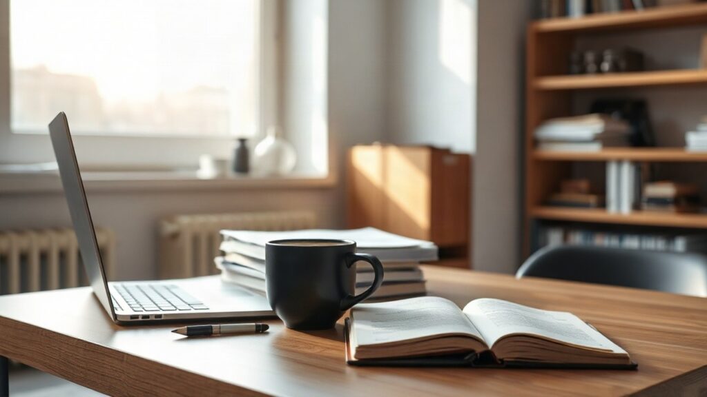Ein Schreibtisch mit Laptop und Fachliteratur symbolisiert die Forschungsarbeit hinter der Platzierung auf der Stanford-Liste – Symbolbild, KI-erzeugt