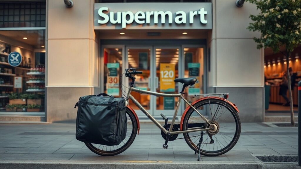 Eine Thermo-Liefertasche vor einem Supermarkt steht sinnbildlich für die Übernahme von DoorDash Instacart im US-Lieferdienstmarkt – Symbolbild, KI-erzeugt