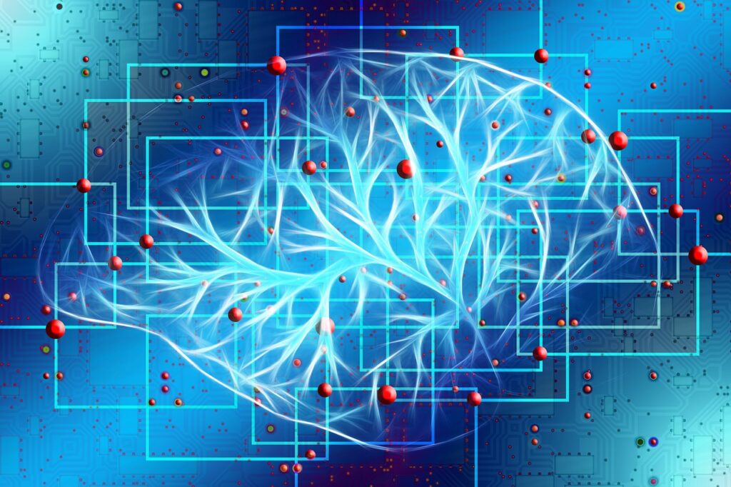 Ein Laptop zeigt eine abstrakte Netzwerkgrafik, die symbolisiert, wie die Plattform Lernende Systeme mit KI KONKRET künstliche Intelligenz erklärt – Foto: geralt / Pixabay