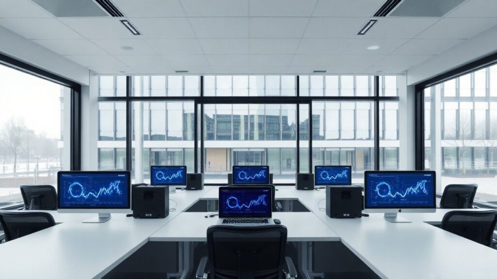 Leerer moderner Büroraum mit Laptops und Datenanzeigen symbolisiert den geplanten Einsatz von KI im Staat der Niederlande – Symbolbild, KI-erzeugt