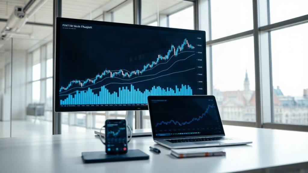 Ein moderner Büroarbeitsplatz mit Finanzcharts auf einem Bildschirm symbolisiert die Expansion von Scalable Capital Österreich – Symbolbild, KI-erzeugt