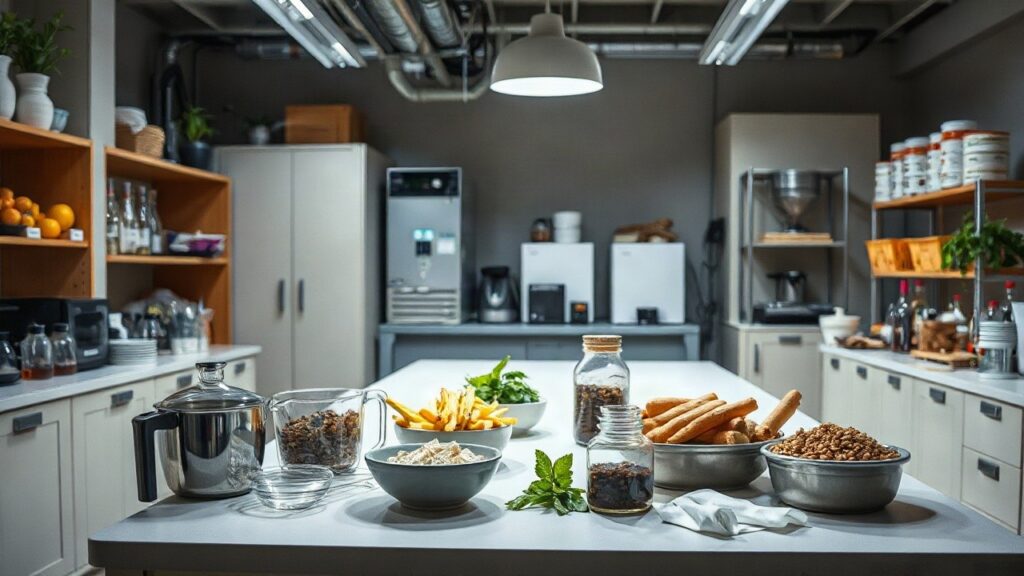 Ein Labortisch mit Petrischalen, Messbechern und frischen Zutaten für Lebensmittelentwicklung, formatfüllend im Querformat fotografiert, keine erkennbaren Personen, nur Hände oder – Symbolbild, KI-erzeugt