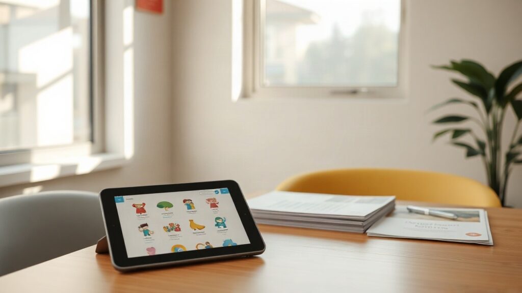 Das Bild zeigt ein digitales Lernportal und Schulungsmaterialien, wie sie im Rahmen der STARKIDS-Studie für Kinder mit Übergewicht eingesetzt werden – Symbolbild, KI-erzeugt