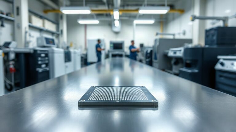 Ein Siliziumwafer liegt im Reinraum unter kühlem Licht, wie er bei Themen der Mikroelektronik-Konferenz FIRST by FMD im Mittelpunkt steht – Symbolbild, KI-erzeugt