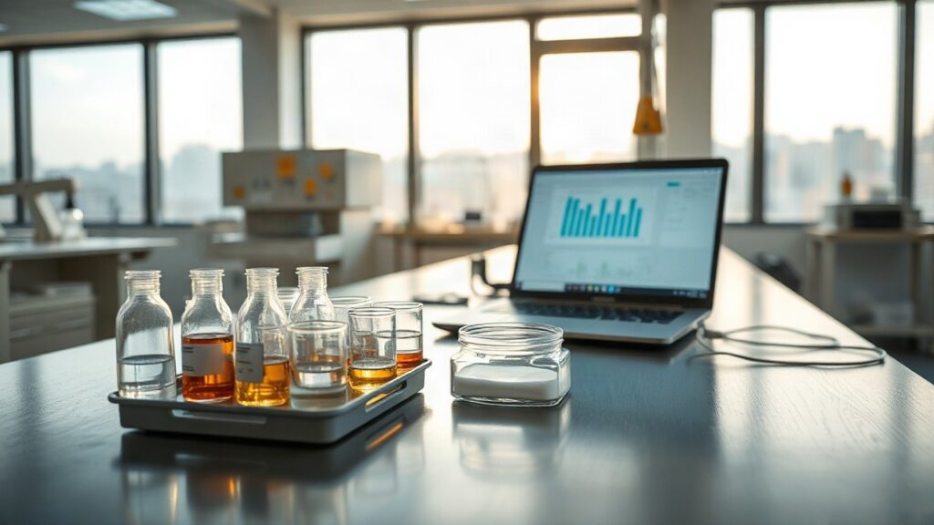 A modern biotechnology laboratory workspace, close-up of pipettes, petri dishes and a laptop showing data charts on a steel lab bench, soft daylight from large windows, no people v – Symbolbild, KI-erzeugt