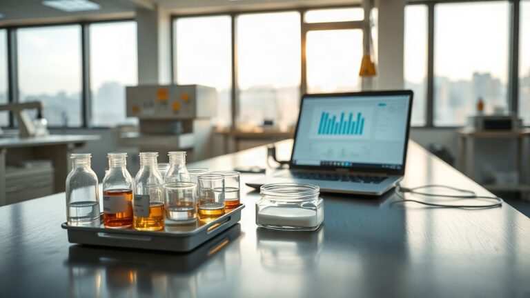 A modern biotechnology laboratory workspace, close-up of pipettes, petri dishes and a laptop showing data charts on a steel lab bench, soft daylight from large windows, no people v – Symbolbild, KI-erzeugt