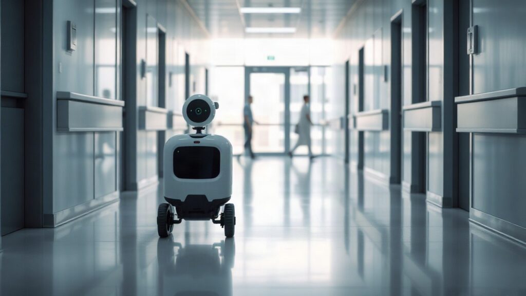 Ein modularer HospiBot-Roboter steht auf einer Ladestation in einem hellen Klinikflur – Symbolbild, KI-erzeugt