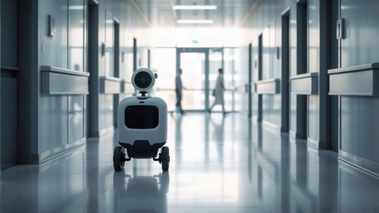 Ein modularer HospiBot-Roboter steht auf einer Ladestation in einem hellen Klinikflur – Symbolbild, KI-erzeugt