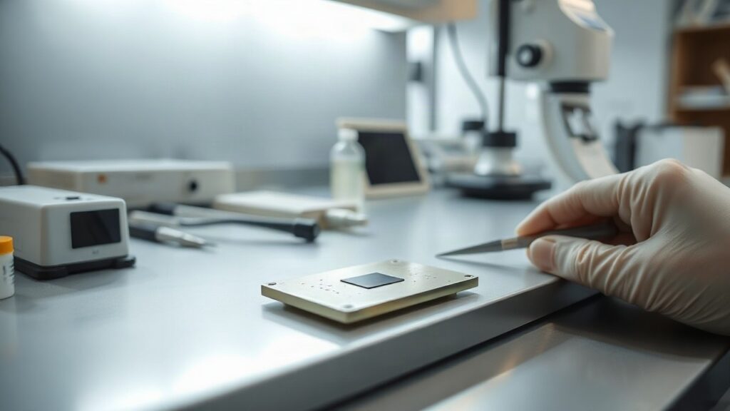 Ein Mikrochip-Prototyp für die neue Ultraschalltechnik für die Prostata liegt auf einer Werkbank im Labor – Symbolbild, KI-erzeugt