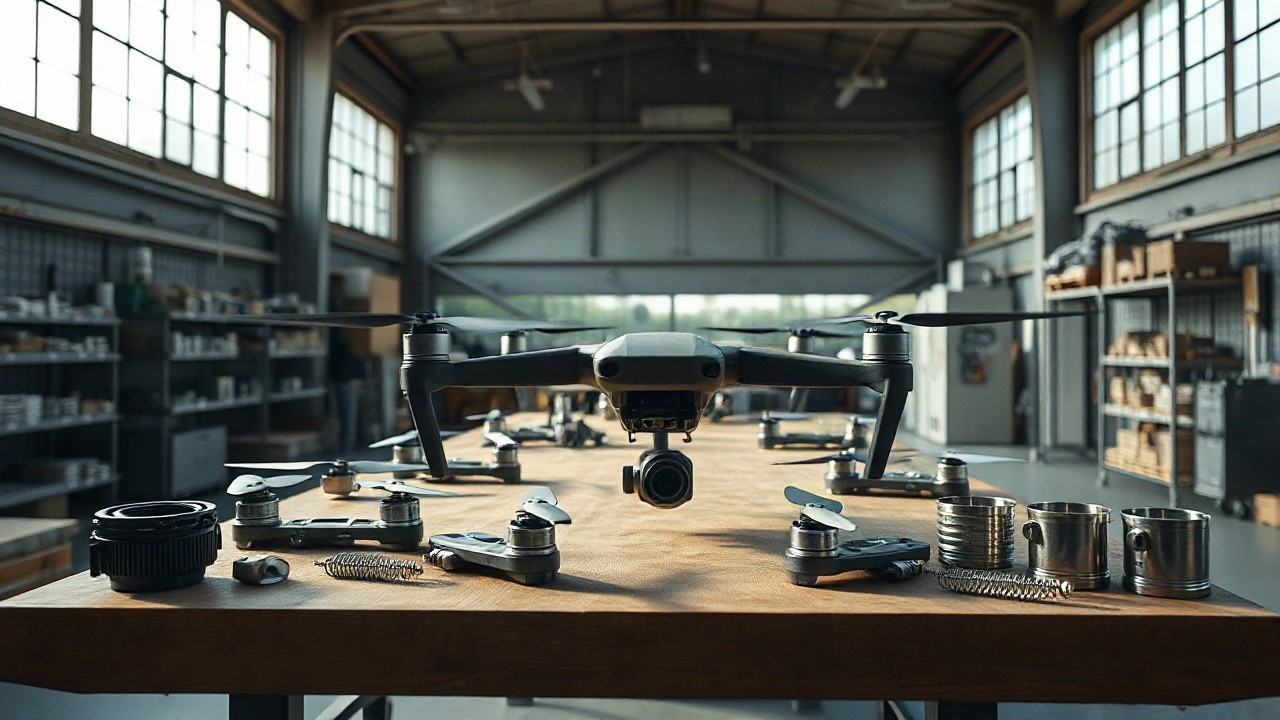 A modern industrial workshop with technical drone components and metal parts on a workbench, soft morning light through large windows, no people visible, wide 16:9 composition – Symbolbild, KI-erzeugt
