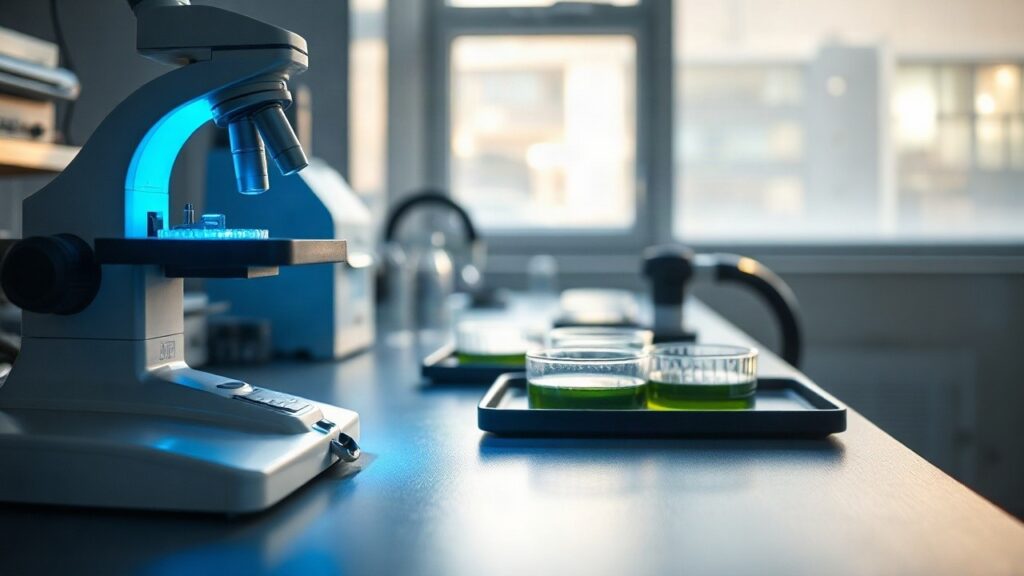 A quiet university laboratory bench with a microscope, petri dishes containing green algae culture, and a blue LED light source, close-up, soft morning light through a window, no p – Symbolbild, KI-erzeugt