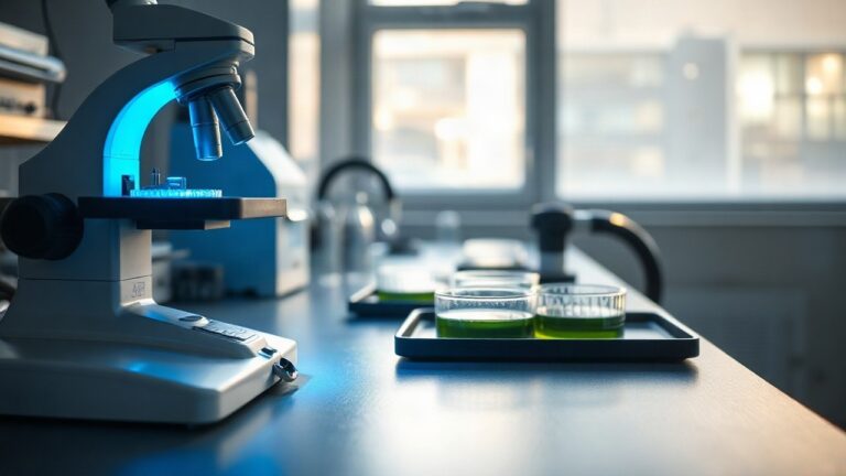 A quiet university laboratory bench with a microscope, petri dishes containing green algae culture, and a blue LED light source, close-up, soft morning light through a window, no p – Symbolbild, KI-erzeugt