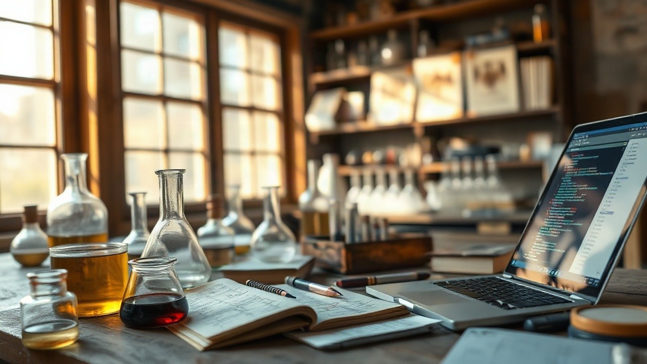 Ein historischer Laborarbeitsplatz mit alten Glaskolben und handschriftlichen Rezepten symbolisiert die Suche nach Chemiewissen mit KI – Symbolbild, KI-erzeugt