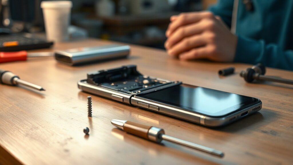 Ein aufgeklapptes Falt-Smartphone mit sichtbarem Scharnier liegt auf einer Werkbank, sinnbildlich für die Displayprobleme beim iPhone Duo – Symbolbild, KI-erzeugt