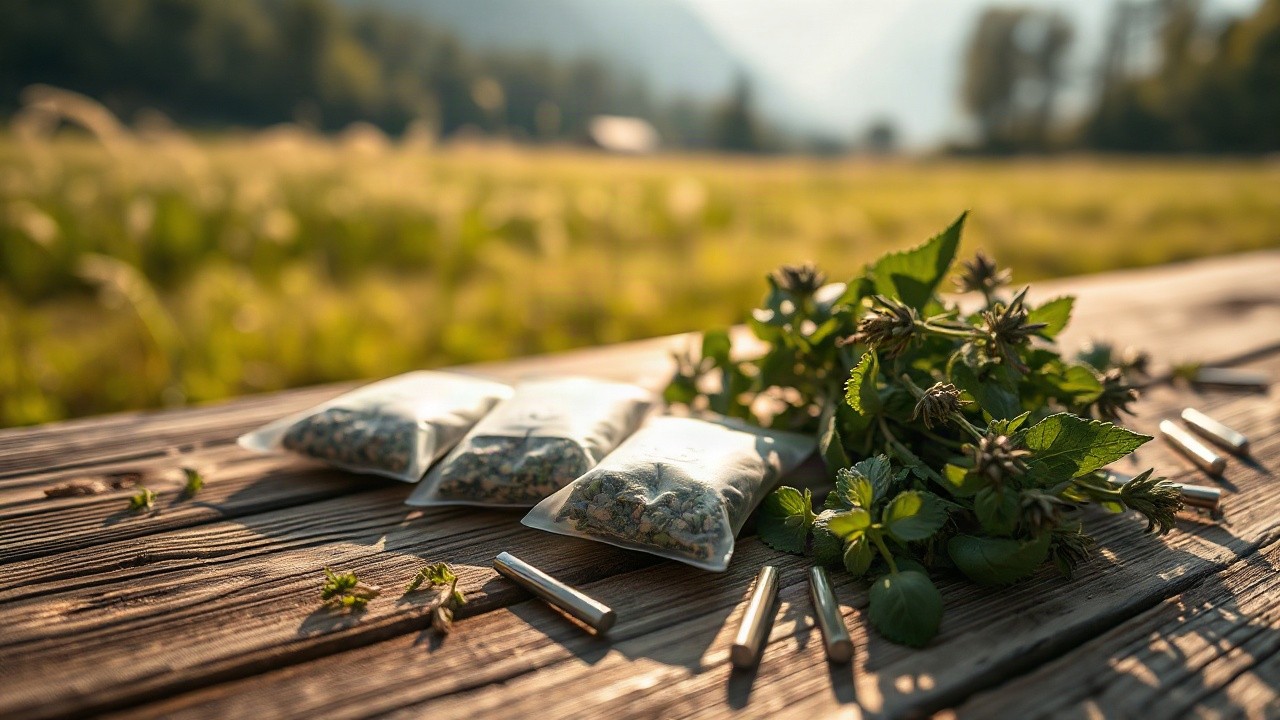 Kräuter-Sticks und frische Kräuter auf einem Holztisch symbolisieren die Innovation der Hanfred-Gründerin für Hundefutter – Symbolbild, KI-erzeugt