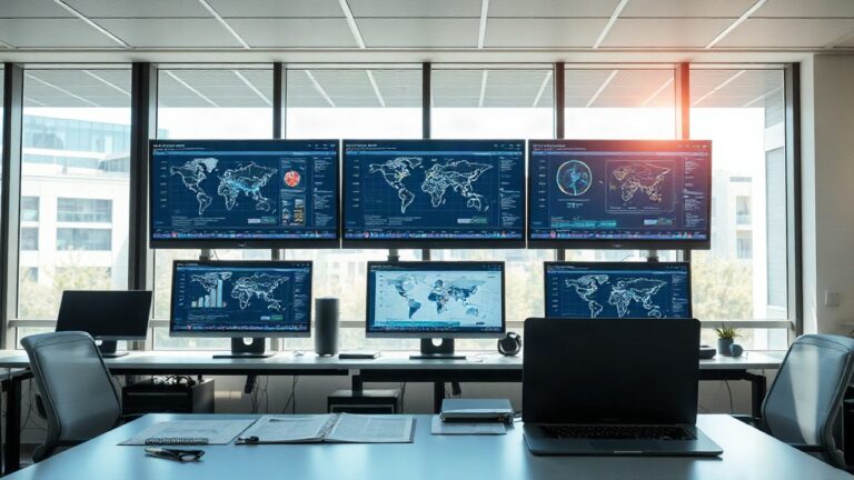 A modern government office workspace with multiple computer monitors displaying abstract data visualizations and network diagrams, a tidy desk with documents and a closed laptop, l – Symbolbild, KI-erzeugt