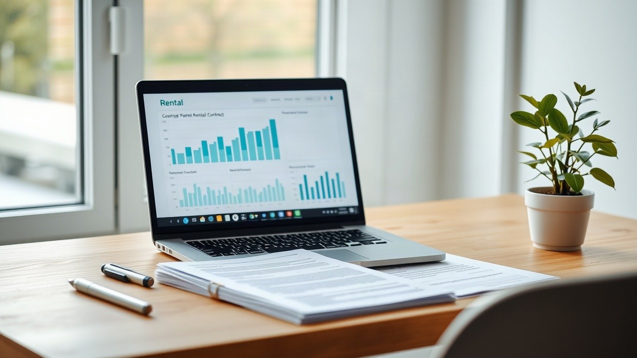 Ein Schreibtisch mit Laptop und Mietvertragsunterlagen symbolisiert den digitalen Neobroker-Start eines Fintechs für Mietkautionen – Symbolbild, KI-erzeugt