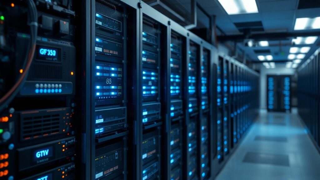 Serverraum mit GPU-Racks symbolisiert die Nvidia Investition in europäische Technologie-Start-ups – Symbolbild, KI-erzeugt