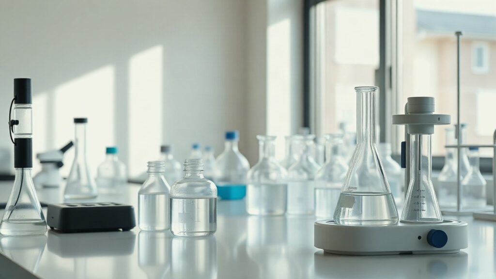 A modern organic chemistry laboratory workbench with glass flasks containing clear liquids, a magnetic stirrer, and laboratory glassware arranged neatly, soft daylight coming throu – Symbolbild, KI-erzeugt