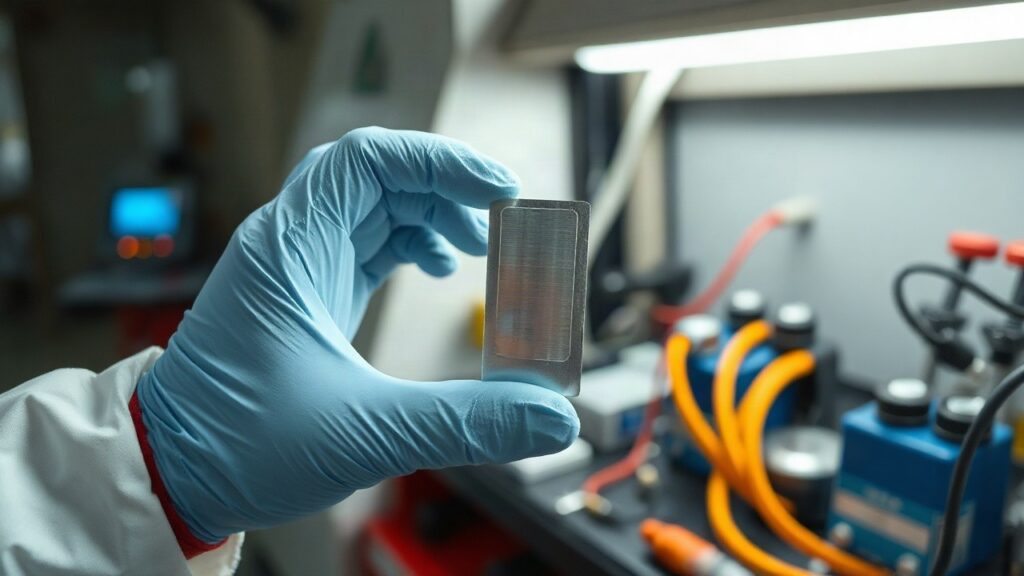 Close-up of a technician's gloved hands holding a thin aluminum foil battery electrode prototype on a lab workbench, battery testing equipment and cables softly blurred in the back – Symbolbild, KI-erzeugt