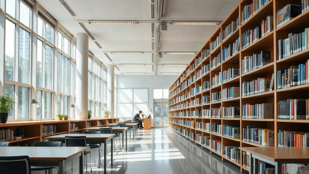 Innenraum einer modernen Hochschulbibliothek mit Bücherregalen und Leseplätzen, ausgezeichnet mit dem Open Library Badge – Symbolbild, KI-erzeugt
