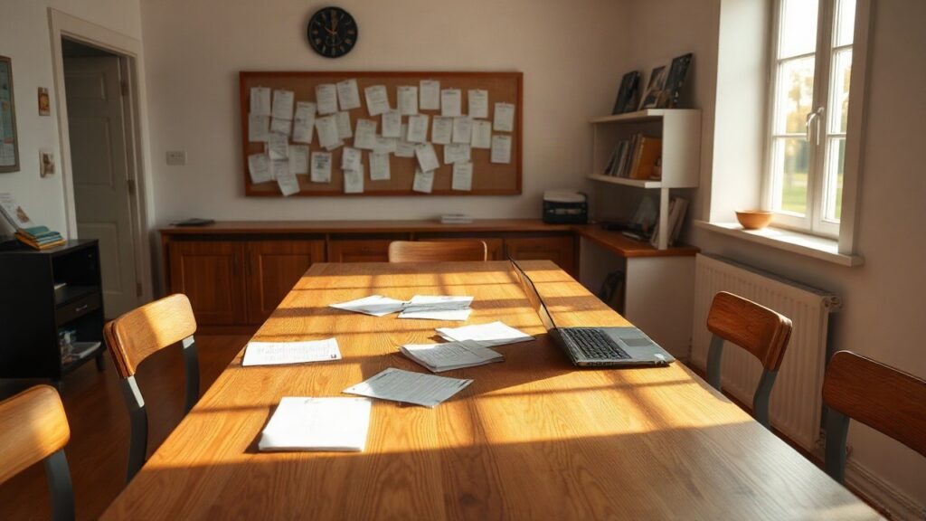 Ein leerer Gemeinschaftsraum mit Tisch und Pinnwand steht sinnbildlich für den Aufbau sorgender Gemeinschaften vor Ort – Symbolbild, KI-erzeugt