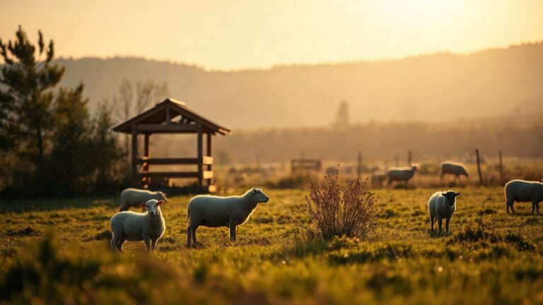 A quiet rural meadow at golden hour with a small wooden animal shelter and grazing sheep in soft focus in the background, no visible people, calm natural light, wide shot – Symbolbild, KI-erzeugt