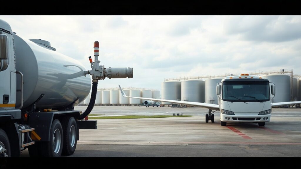 Ein Tanklastwagen betankt ein Flugzeug auf dem Vorfeld, während der Kerosin-Mangel in Frankfurt die Versorgung erschwert – Symbolbild, KI-erzeugt